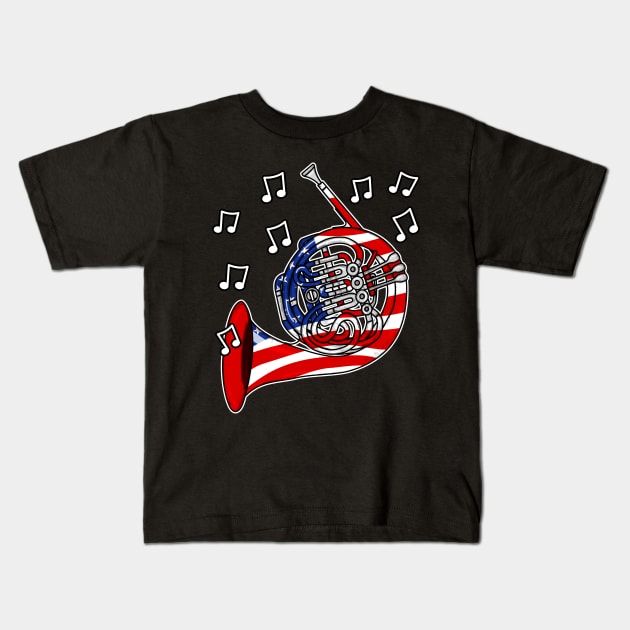 4th July French Horn USA Flag Hornist Musician Kids T-Shirt by doodlerob